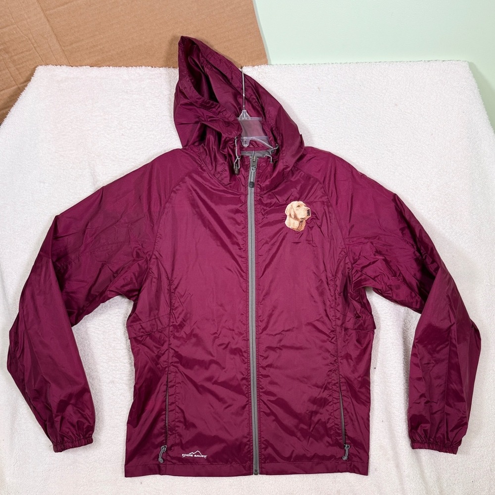 Eddie Bauer Jacket L Maroon Hooded Windbreaker Golden Retriever Dog Embroidered